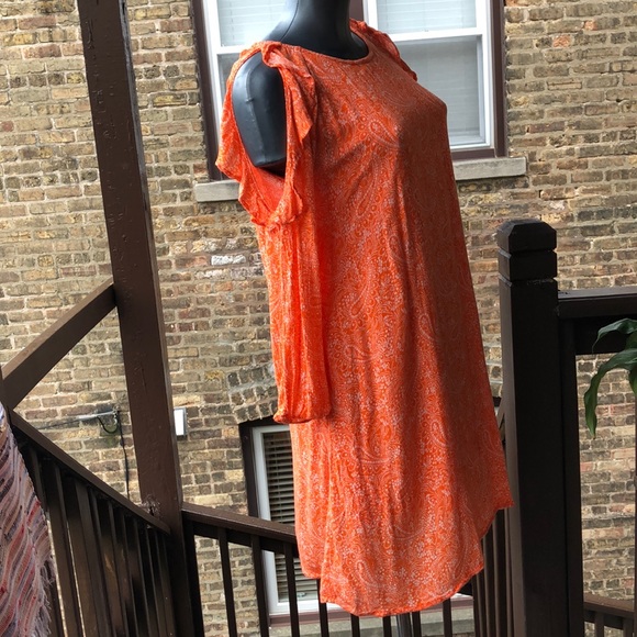 Vintage Orange Paisley Old Navy Ruffle Cold Shoulder Mini Dress Y2K Boho Vibes S - Picture 7 of 13